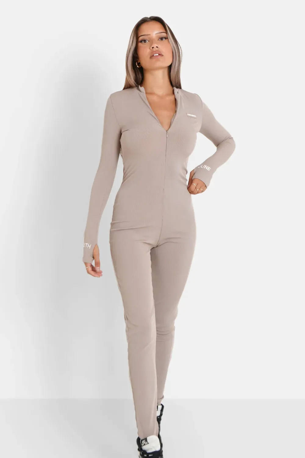 Femme Sixth June Robes | Combinaison Cotelee Logo Beige