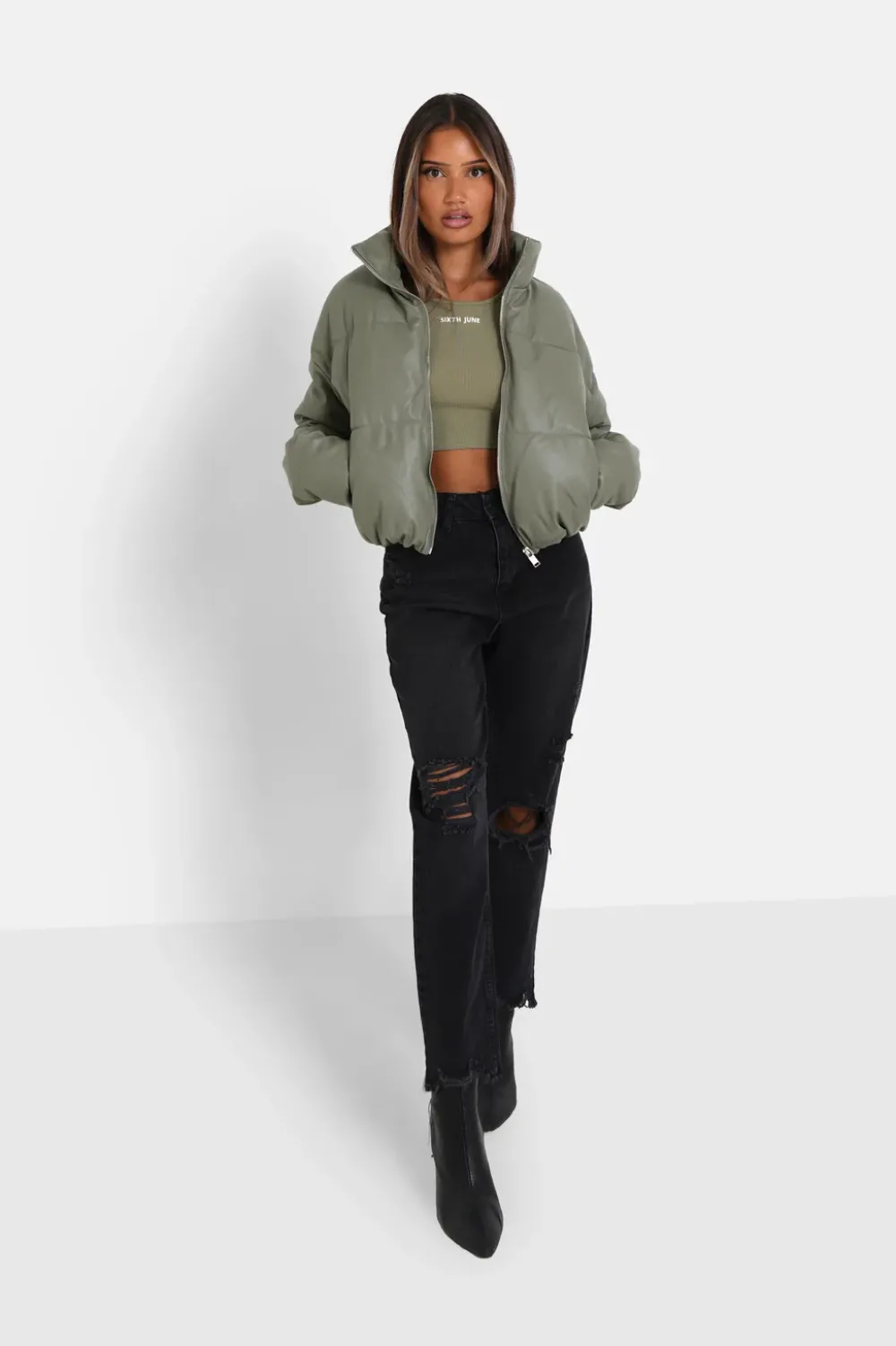Femme Sixth June Manteaux | Doudoune Courte Simili Cuir Vert