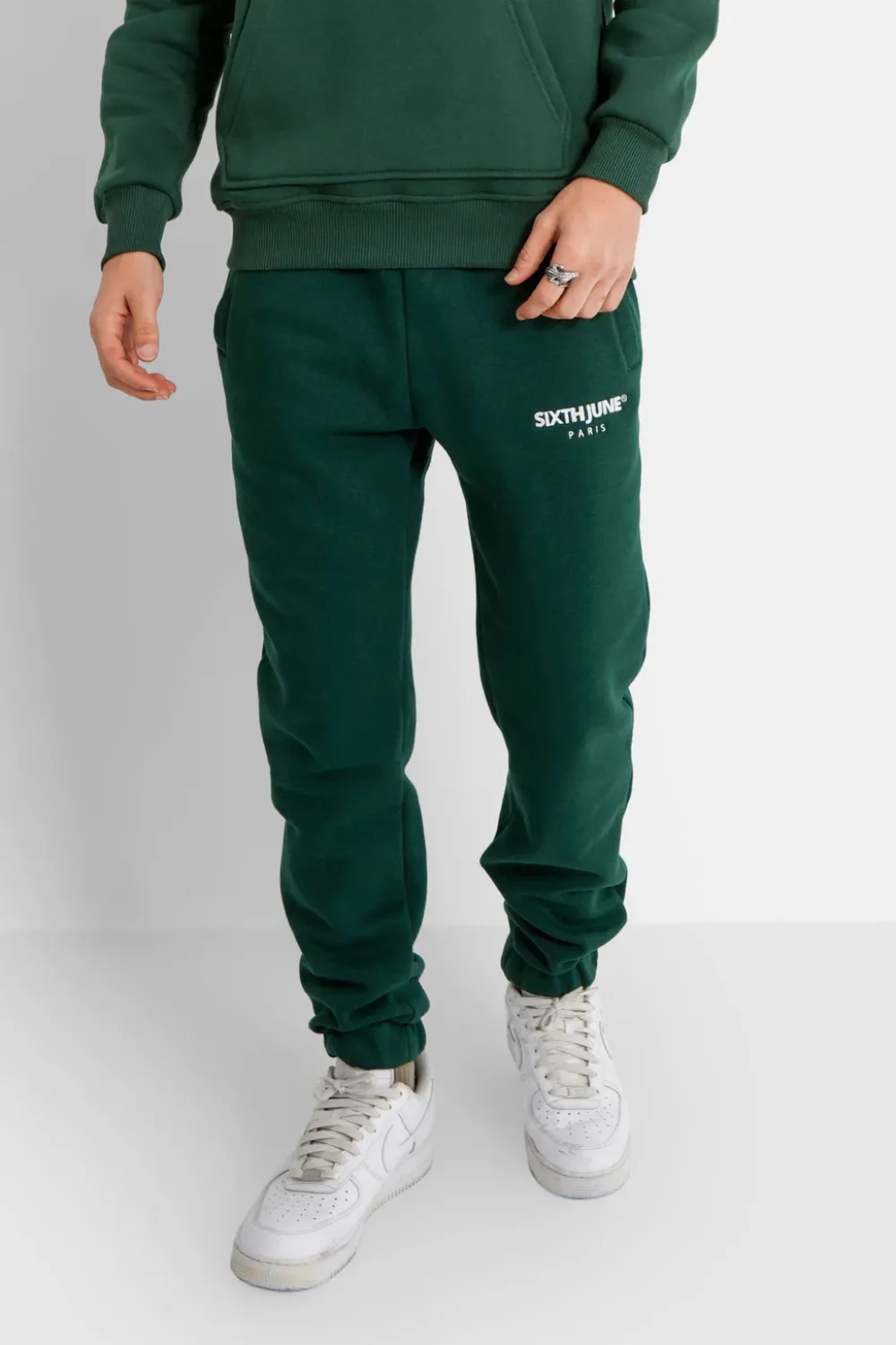Homme Sixth June Pantalons | Jogging Molletonnee Logo Brode Vert Fonce