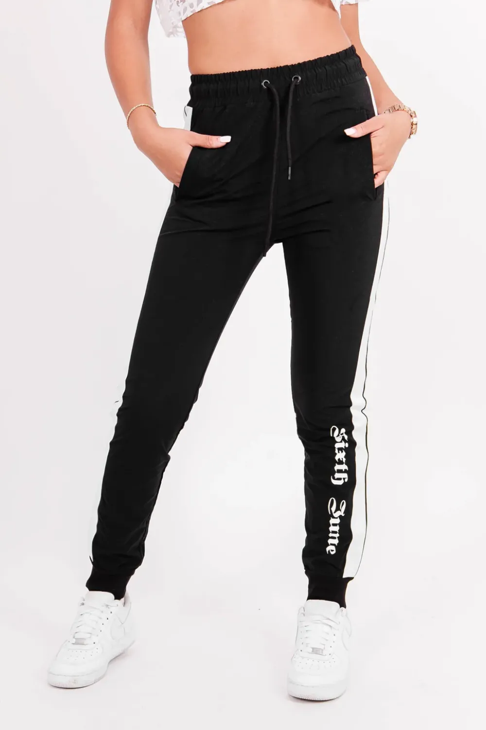 Femme Sixth June Pantalons | Jogging Nylon Bandes Gothique Noir
