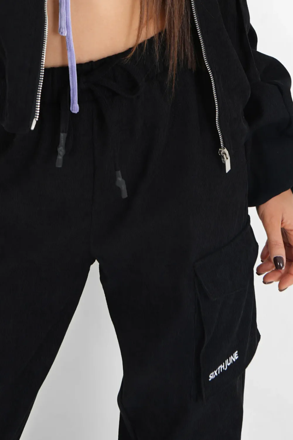 pantalon_cargo_cotele_noir_2.webp Femme Sixth June Pantalons | Pantalon Cargo Cotele Noir