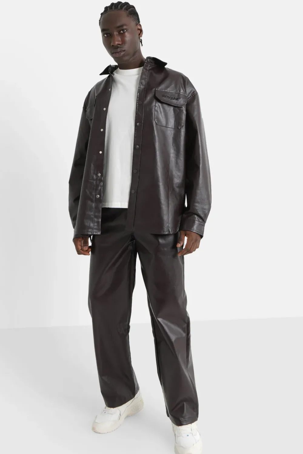 Homme Sixth June Pantalons | Pantalon Droit Simili Cuir Marron Fonce