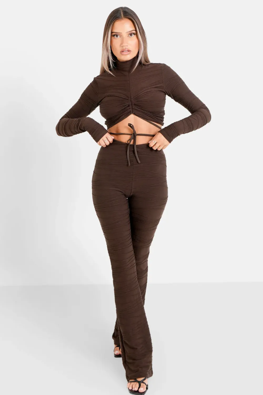 Femme Sixth June Pantalons | Pantalon Texture Evase Marron Fonce