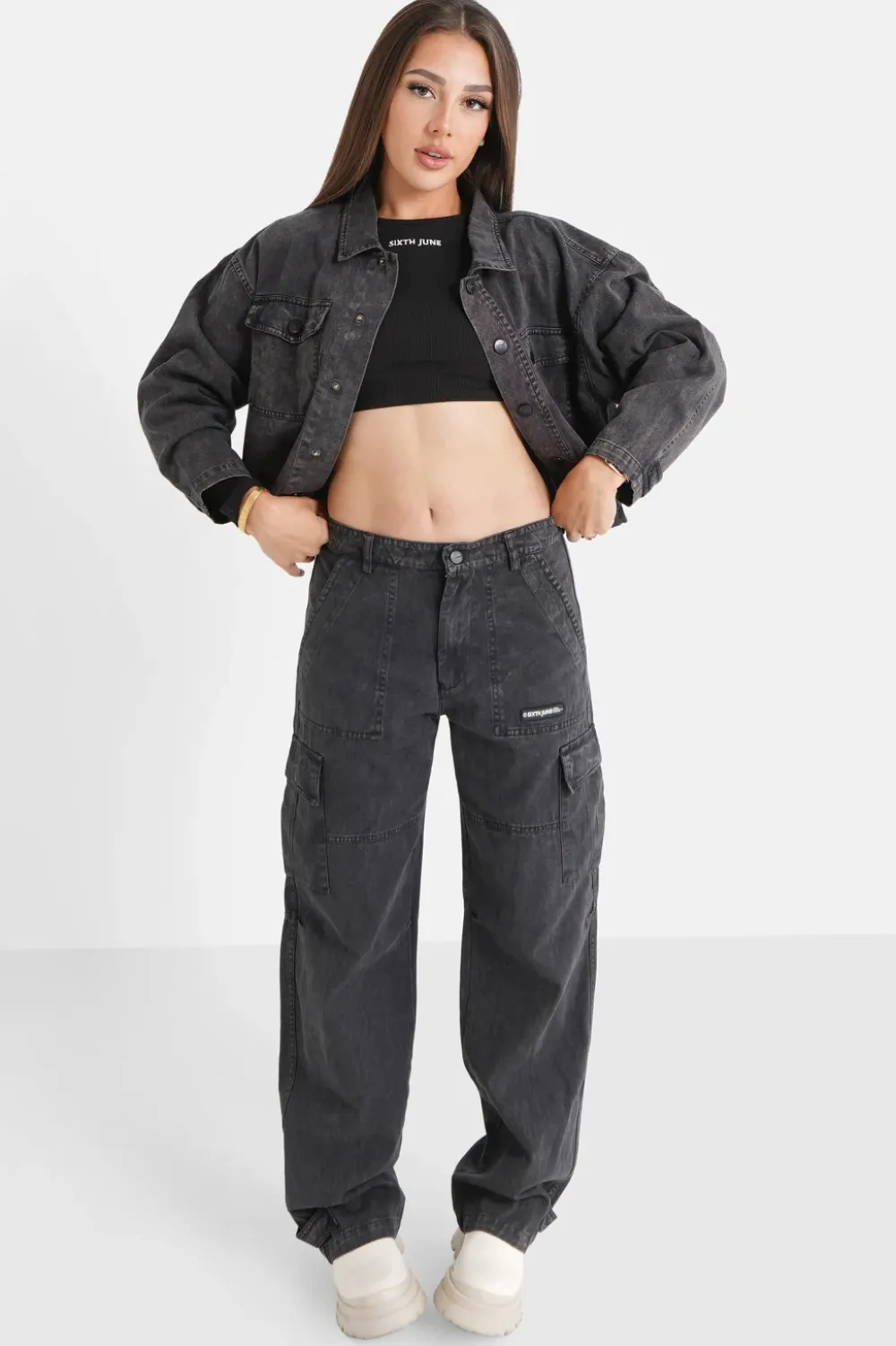Femme Sixth June Pantalons | Pantalon Utilitaire Delave Noir