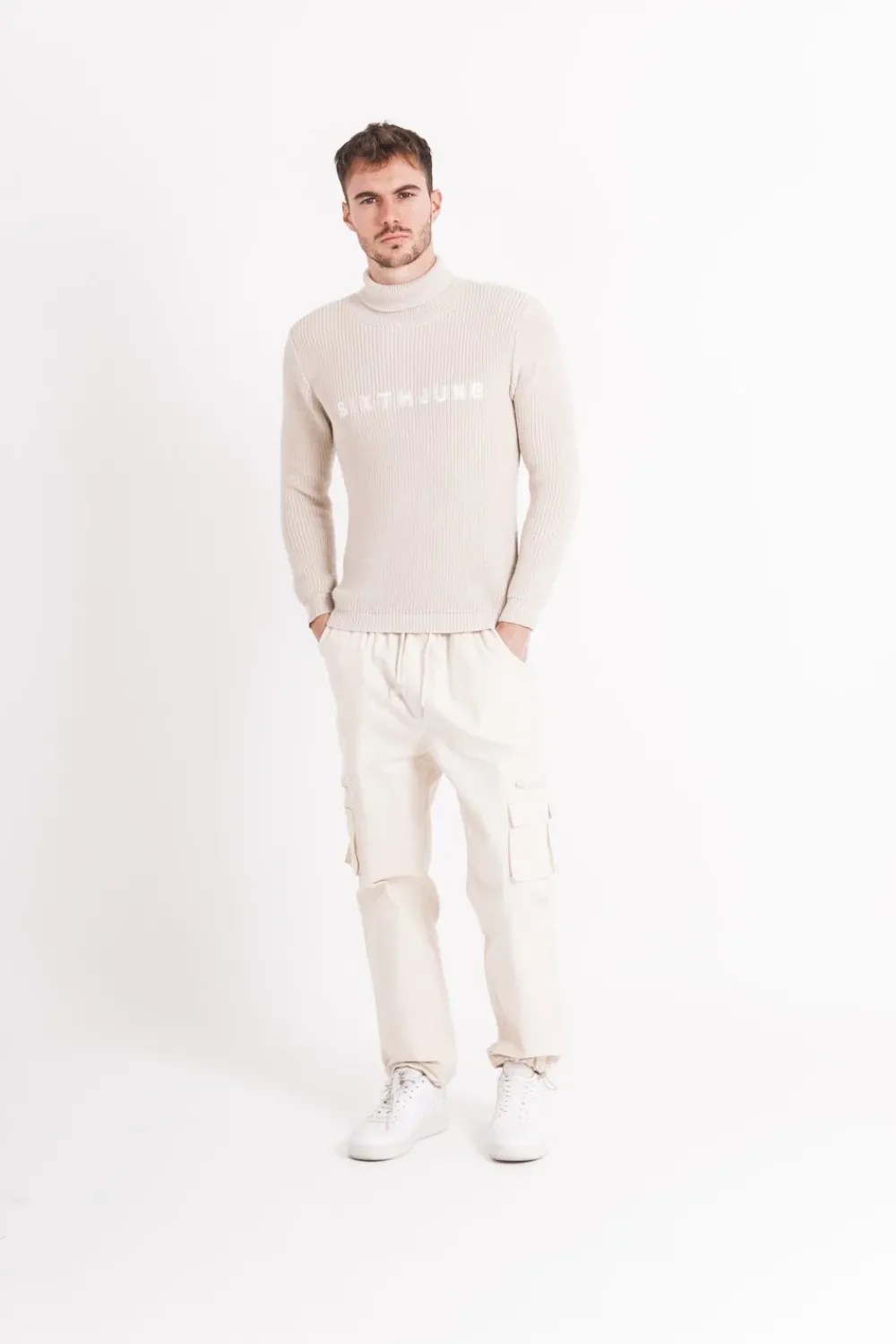 Homme Sixth June Sweats | Pull Maille Col Roule Beige