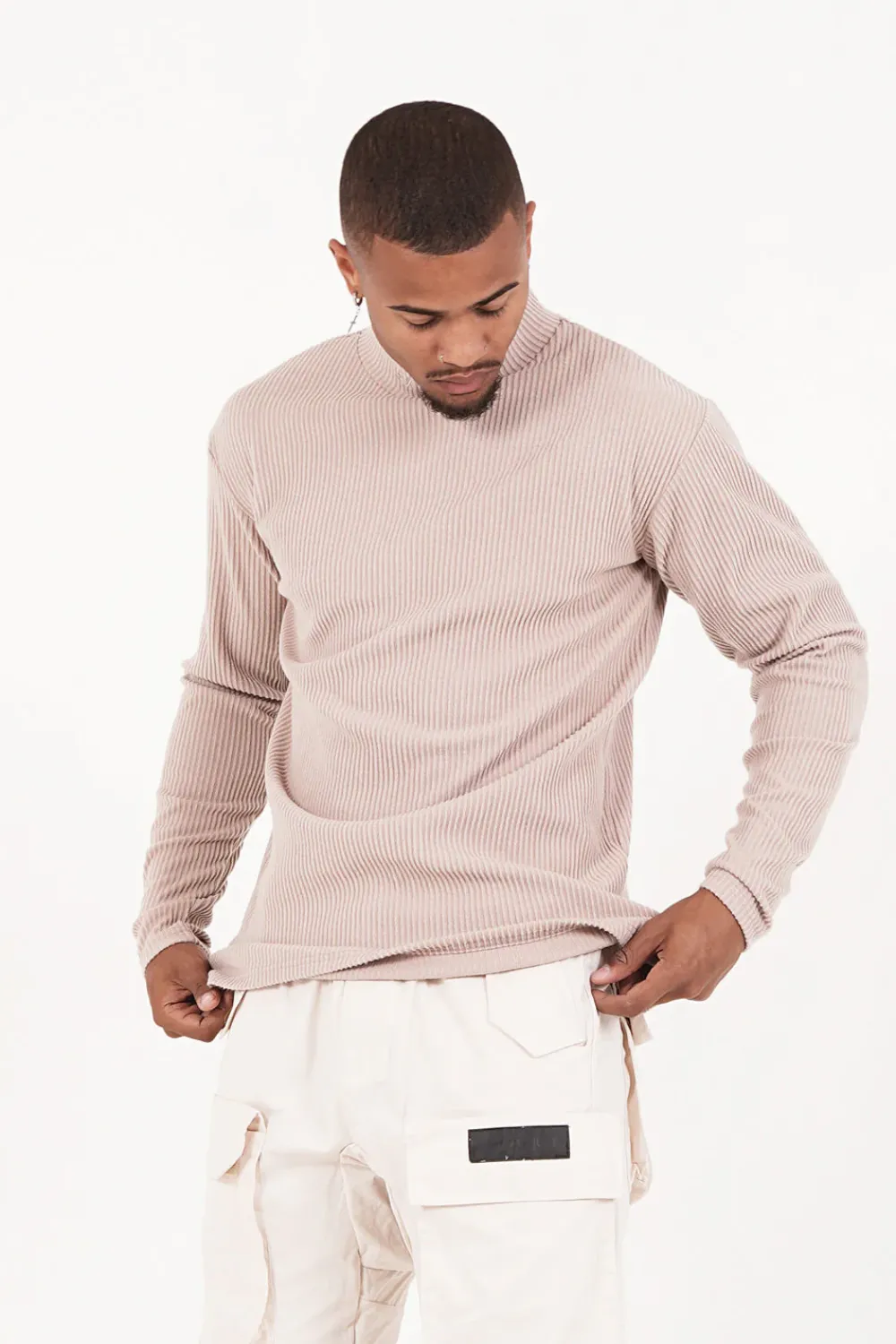 Homme Sixth June Sweats | Pull Maille Cotele Col Beige Fonce