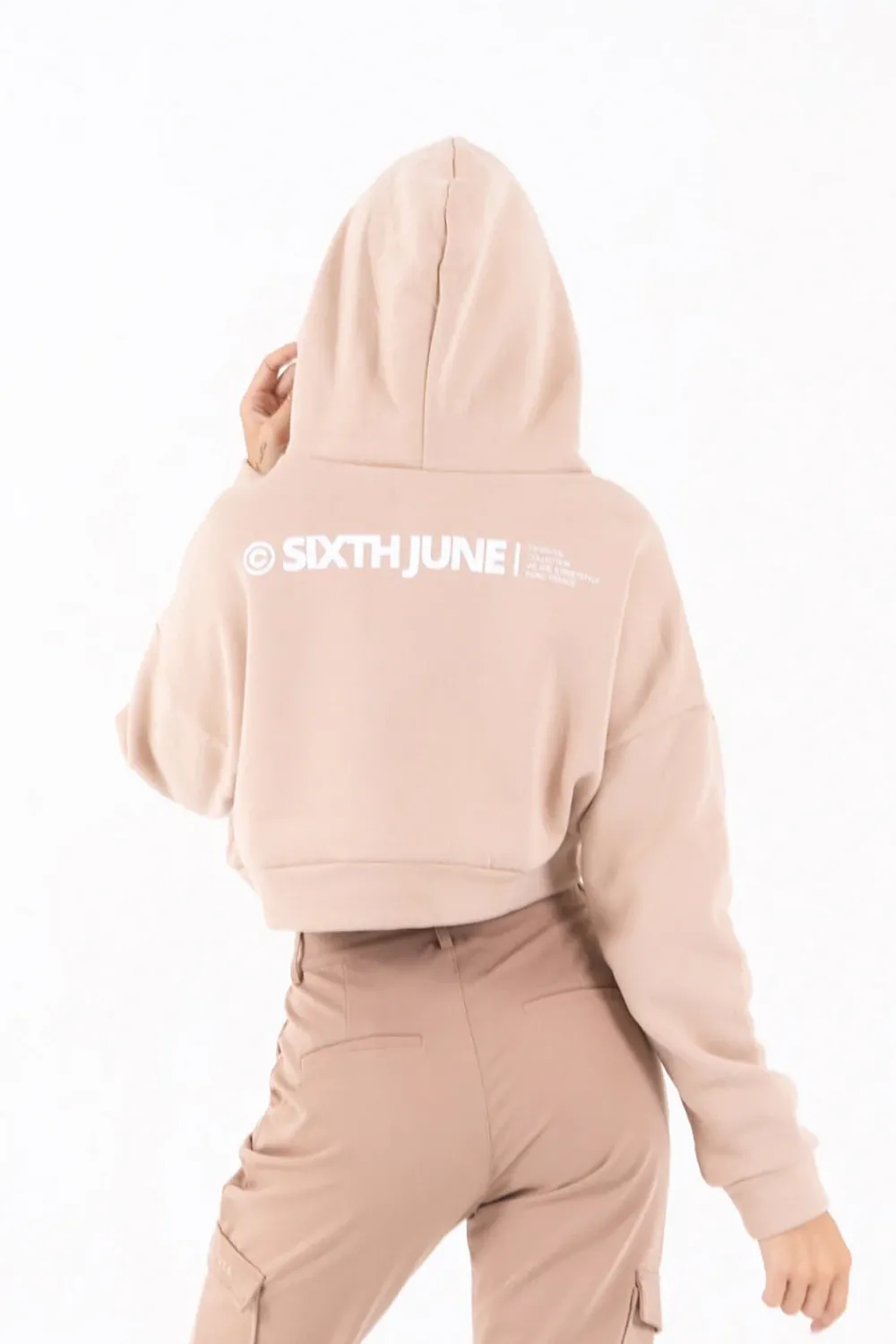 Femme Sixth June Sweats | Sweat Capuche Court Logo Beige Clair
