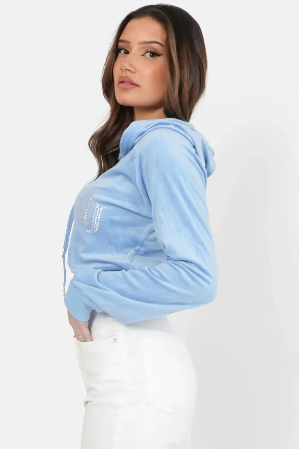 sweatshirt_capuche_velours_strass_bleu_3.webp Femme Sixth June Sweats | Sweatshirt Capuche Velours Strass Bleu