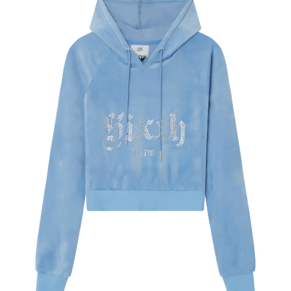 sweatshirt_capuche_velours_strass_bleu_5.webp Femme Sixth June Sweats | Sweatshirt Capuche Velours Strass Bleu