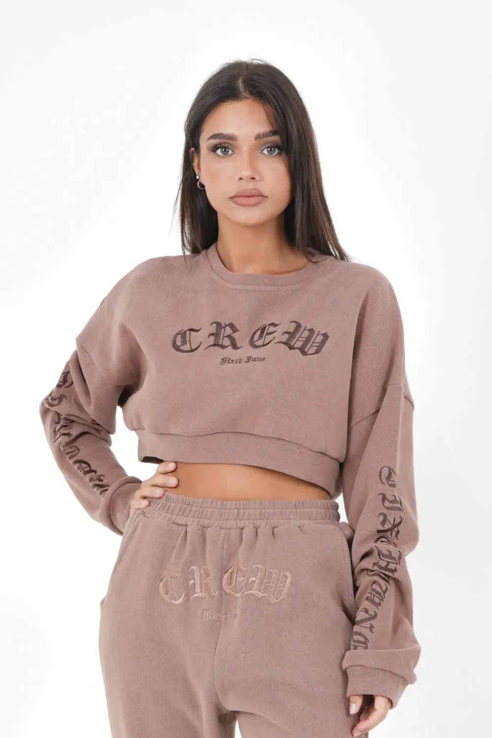 Femme Sixth June Sweats | Sweatshirt Court Crew Gothique Beige Fonce