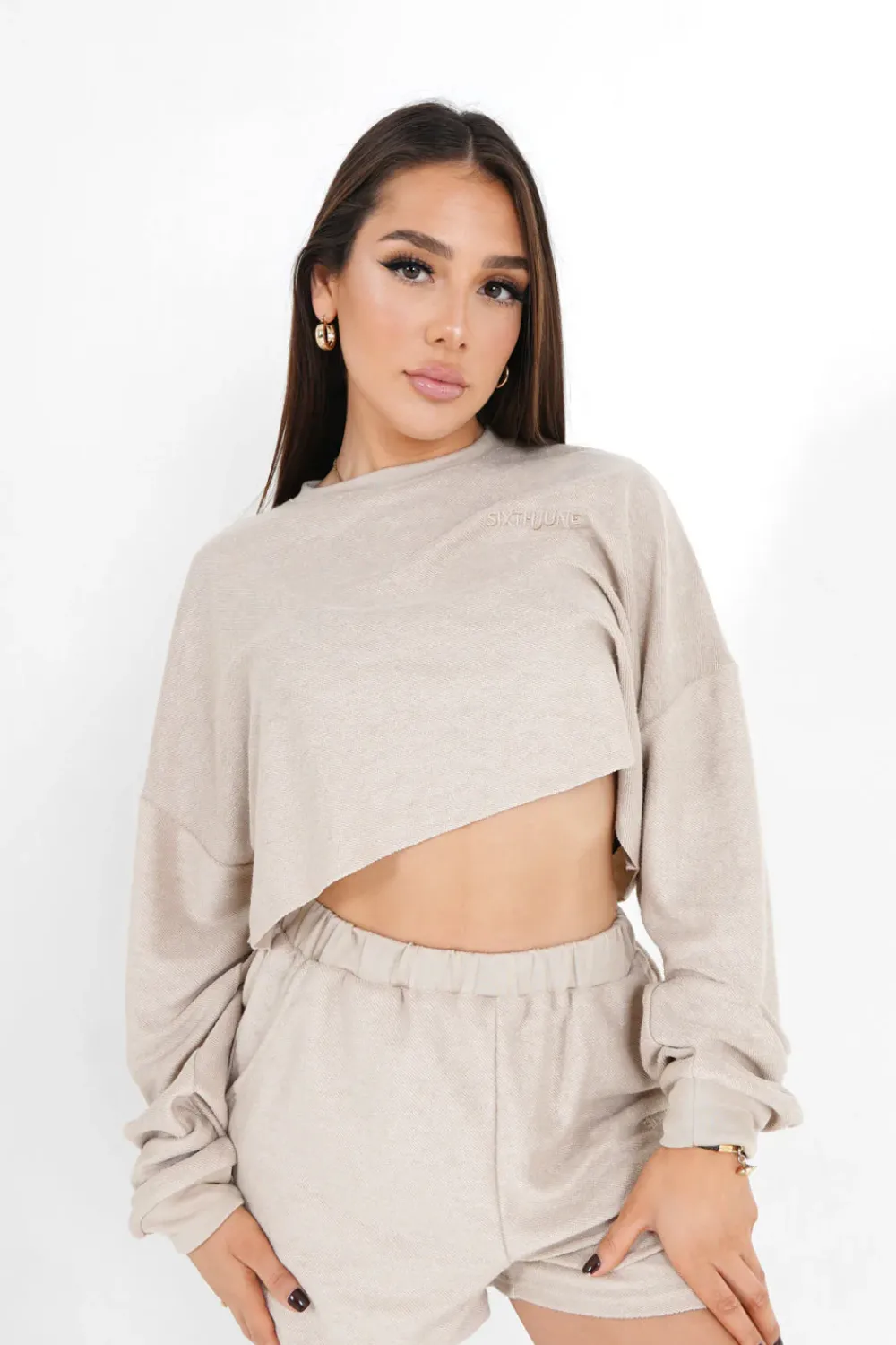 Femme Sixth June Sweats | Sweatshirt Court Tissu Bouclette Beige Clair