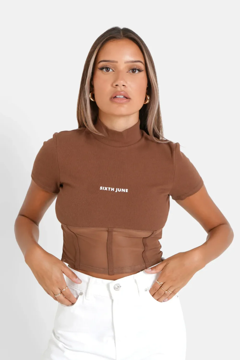 Femme Sixth June Hauts | Top Court Corset Transparent Marron Clair