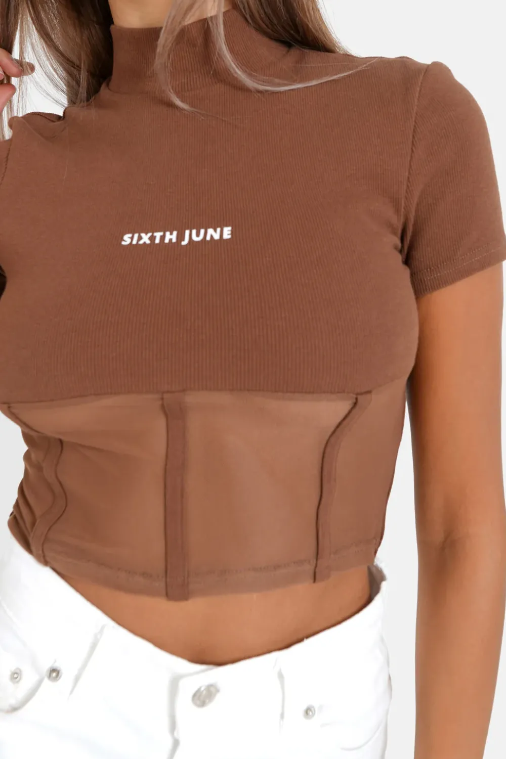 top_court_corset_transparent_marron_clair_2.webp Femme Sixth June Hauts | Top Court Corset Transparent Marron Clair