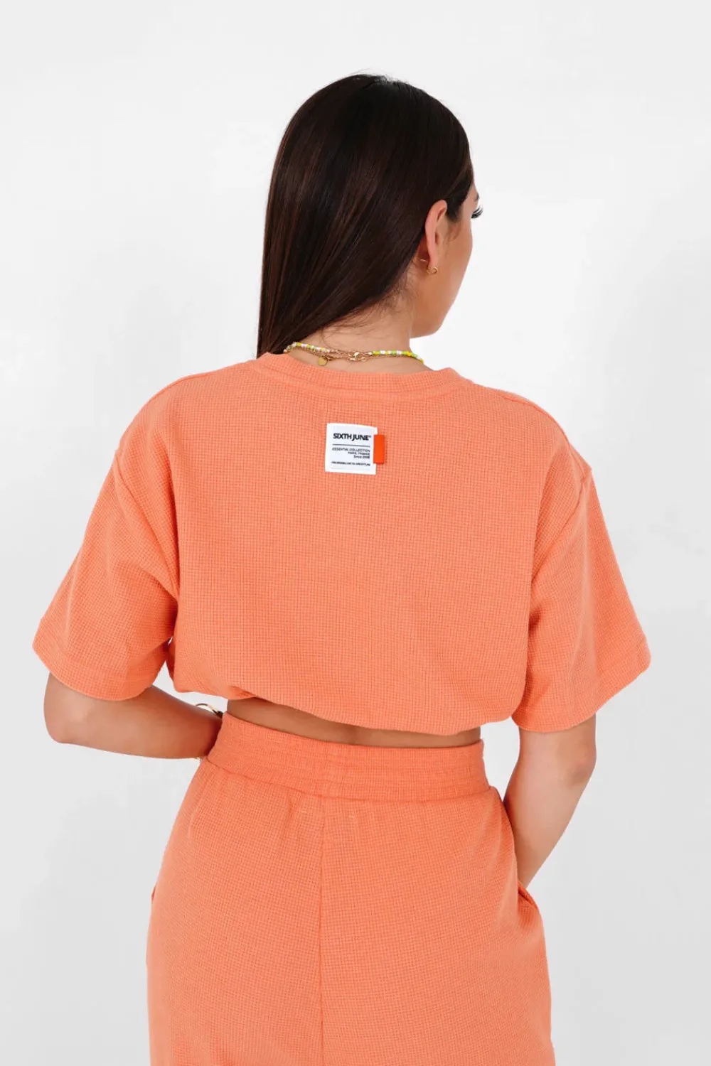 tshirt_elastique_gaufre_orange_4.webp Femme Sixth June Hauts | T-Shirt Elastique Gaufre Orange