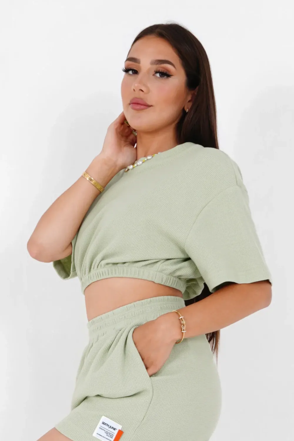 tshirt_elastique_gaufre_vert_clair_3.webp Femme Sixth June Hauts | T-Shirt Elastique Gaufre Vert Clair