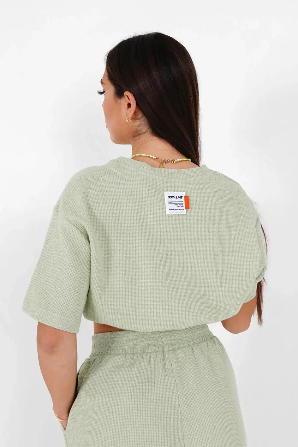 tshirt_elastique_gaufre_vert_clair_4.webp Femme Sixth June Hauts | T-Shirt Elastique Gaufre Vert Clair