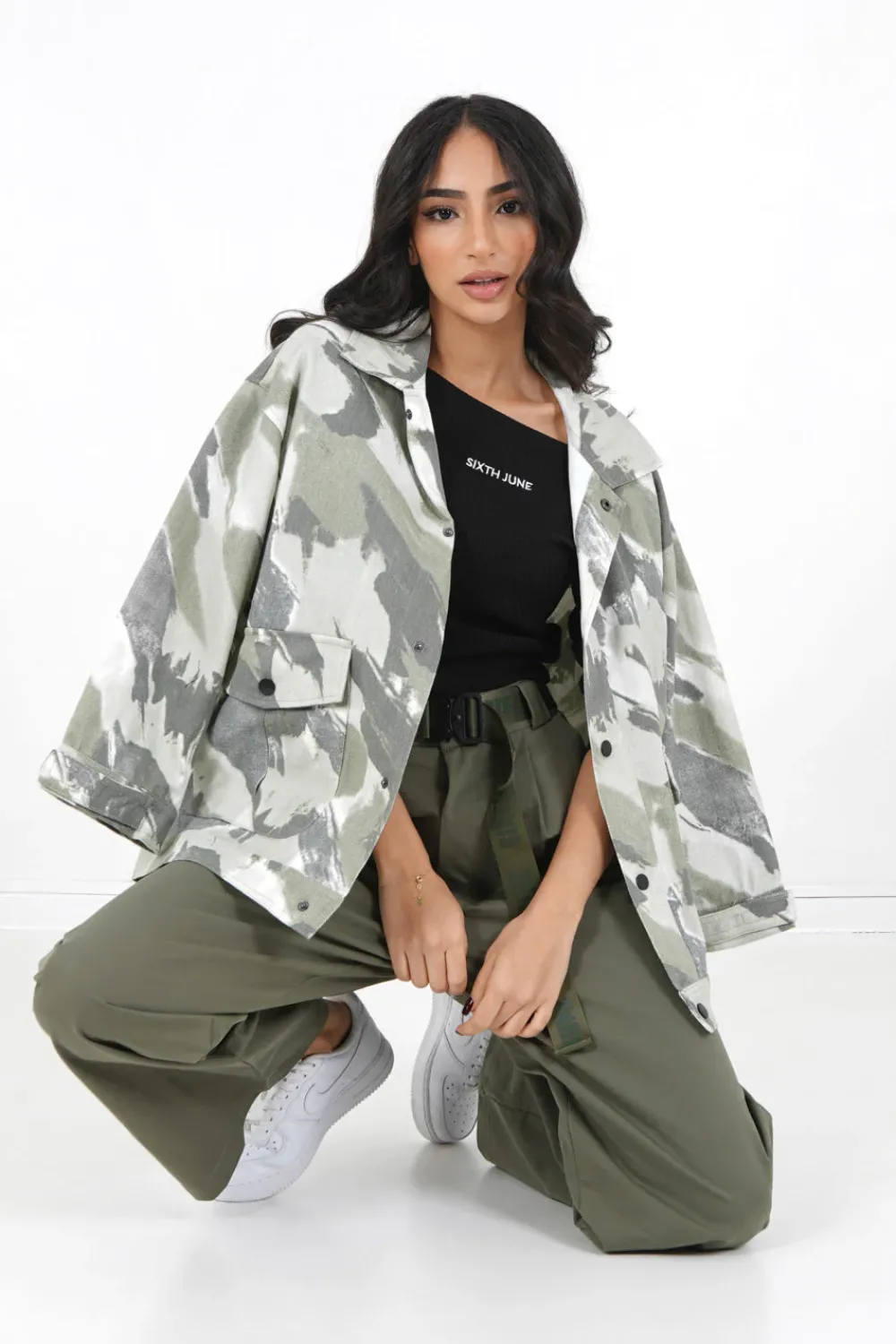 Femme Sixth June Manteaux | Veste Camouflage Oversize Vert Kaki