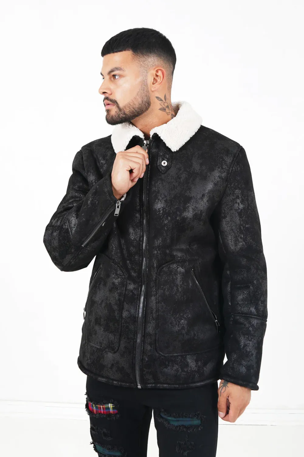 Homme Sixth June Manteaux | Veste Fausse Peau Mouton Noir