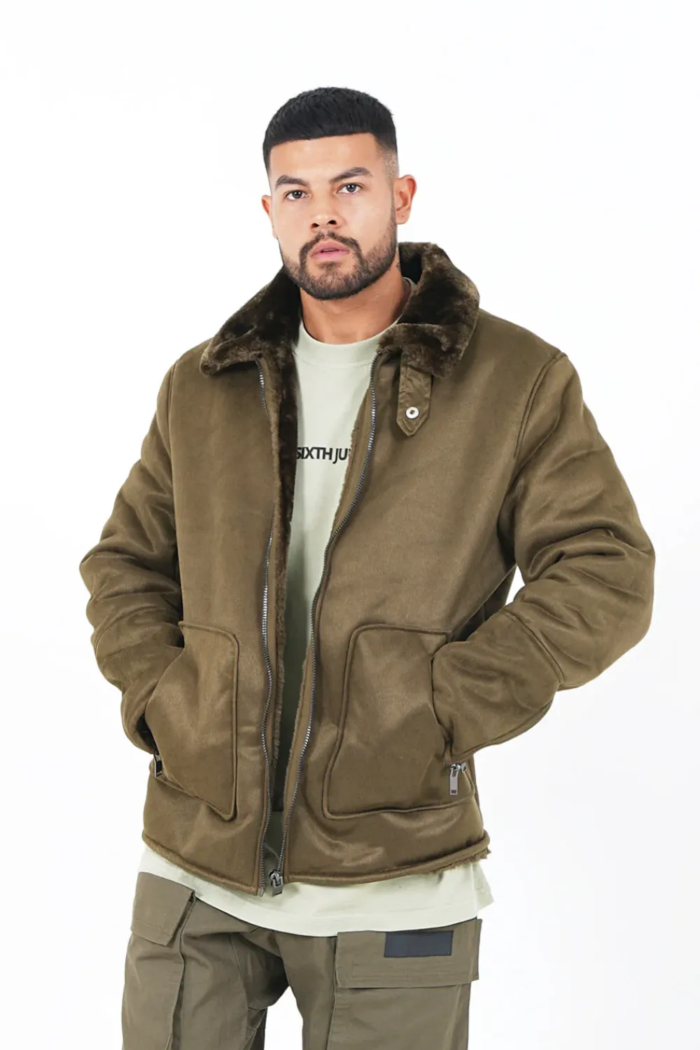 Homme Sixth June Manteaux | Veste Suedine Revers Fourrure Vert Kaki