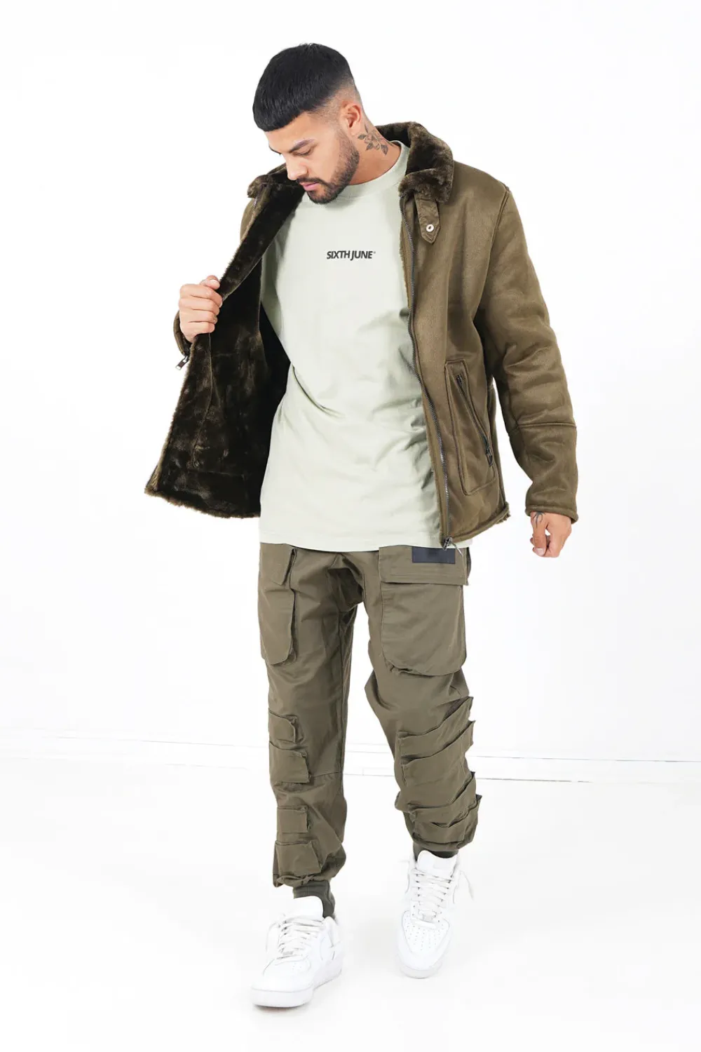 Homme Sixth June Manteaux | Veste Suedine Revers Fourrure Vert Kaki