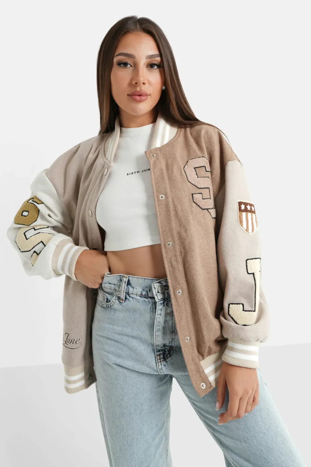 Femme Sixth June Manteaux | Veste Universitaire Bicolore Beige